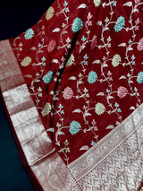 Maroon Banarasi Semi with Gold Buttas saree in banarasi semi silk with gold zari buttas with floral jaal & meenakari — Kaash Collection