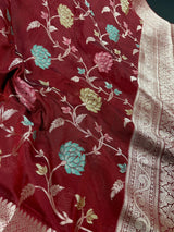 Maroon Banarasi Semi with Gold Buttas saree in banarasi semi silk with gold zari buttas with floral jaal & meenakari — Kaash Collection