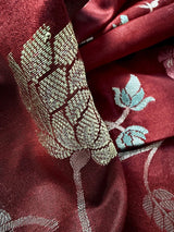 Maroon Banarasi Semi with Gold Buttas saree in banarasi semi silk with gold zari buttas with floral jaal & meenakari — Kaash Collection