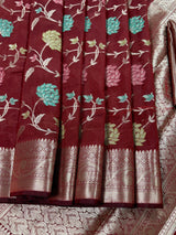Maroon Banarasi Semi with Gold Buttas saree in banarasi semi silk with gold zari buttas with floral jaal & meenakari — Kaash Collection