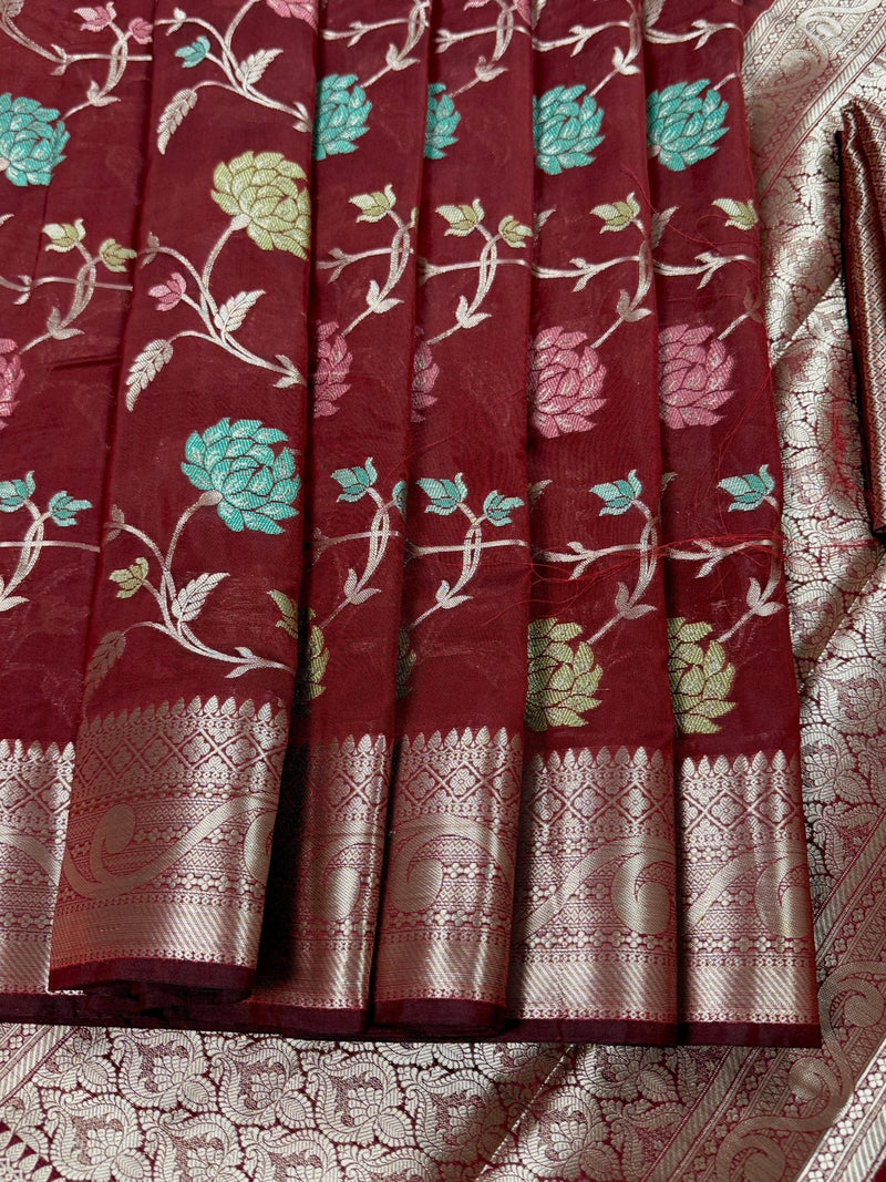 Maroon Banarasi Semi with Gold Buttas saree in banarasi semi silk with gold zari buttas with floral jaal & meenakari — Kaash Collection