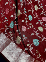 Maroon Banarasi Semi with Gold Buttas saree in banarasi semi silk with gold zari buttas with floral jaal & meenakari — Kaash Collection