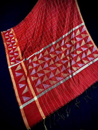 Silk Mark Certified Maroon Pure Raw Silk in Checks saree in pure raw silk with checks with gold & silver resham zari borders — Kaash Collection