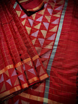 Silk Mark Certified Maroon Pure Raw Silk in Checks saree in pure raw silk with checks with gold & silver resham zari borders — Kaash Collection