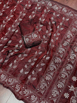 Maroon hand Kantha stitch saree on Bangalori silk — Kaash Collection