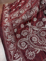 Maroon hand Kantha stitch saree on Bangalori silk — Kaash Collection