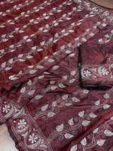 Maroon hand Kantha stitch saree on Bangalori silk — Kaash Collection