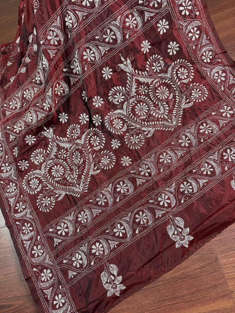 Maroon hand Kantha stitch saree on Bangalori silk — Kaash Collection