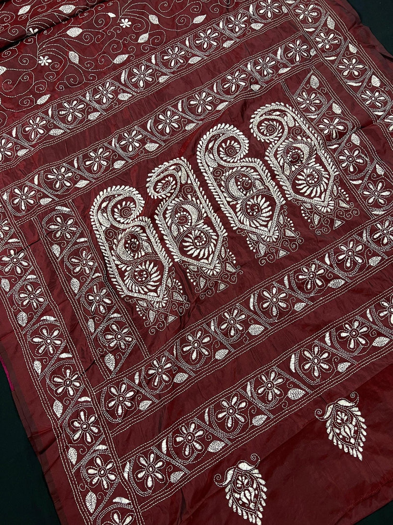 Maroon with White Kantha hand Kantha stitch saree on Bangalori silk — Kaash Collection