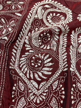 Maroon with White Kantha hand Kantha stitch saree on Bangalori silk — Kaash Collection