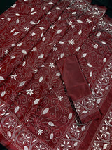 Maroon with White Kantha hand Kantha stitch saree on Bangalori silk — Kaash Collection