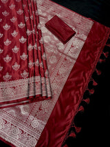 Maroon Color Mashru Silk Handloom Saree with Muted Gold Zari Weave | Banarasi Mashru Silk Saree - Kaash