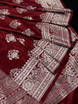Maroon Color Mashru Silk Handloom Saree with Muted Gold Zari Weave | Banarasi Mashru Silk Saree - Kaash