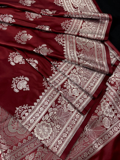 Maroon Color Mashru Silk Handloom Saree with Muted Gold Zari Weave | Banarasi Mashru Silk Saree - Kaash