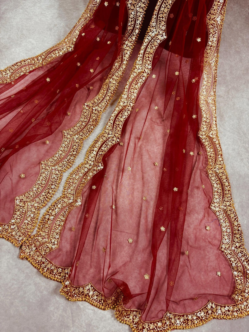 Maroon Color Net Dupatta with Zari, Sequin and Beads - Kaash