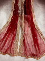 Maroon Color Net Dupatta with Zari, Sequin and Beads - Kaash