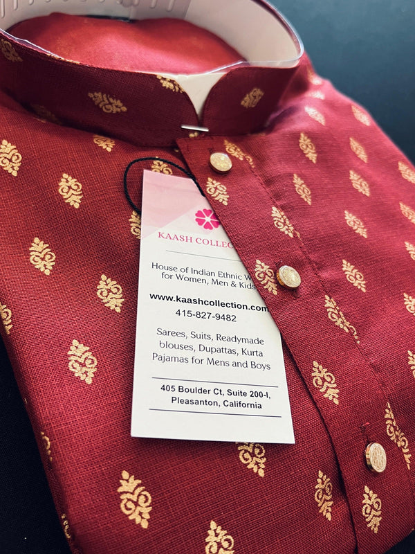 Maroon Color Premium Pure Cotton Kurta Pajama Set for Men with small Self design Buttis - Cotton Kurta for Men - Maroon Kurta for Men - Kaash