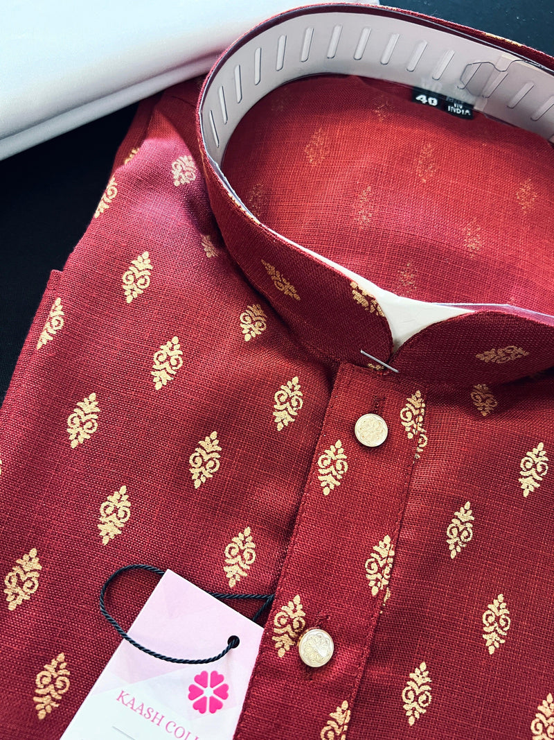 Maroon Color Premium Pure Cotton Kurta Pajama Set for Men with small Self design Buttis - Cotton Kurta for Men - Maroon Kurta for Men - Kaash