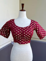 Maroon Soft Silk with Long Tassels ready-to-wear blouse with gold buttis with long green tassels — Kaash Collection