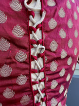 Maroon Soft Silk with Long Tassels ready-to-wear blouse with gold buttis with long green tassels — Kaash Collection