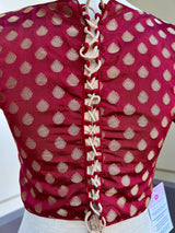 Maroon Soft Silk with Long Tassels ready-to-wear blouse with gold buttis with long green tassels — Kaash Collection