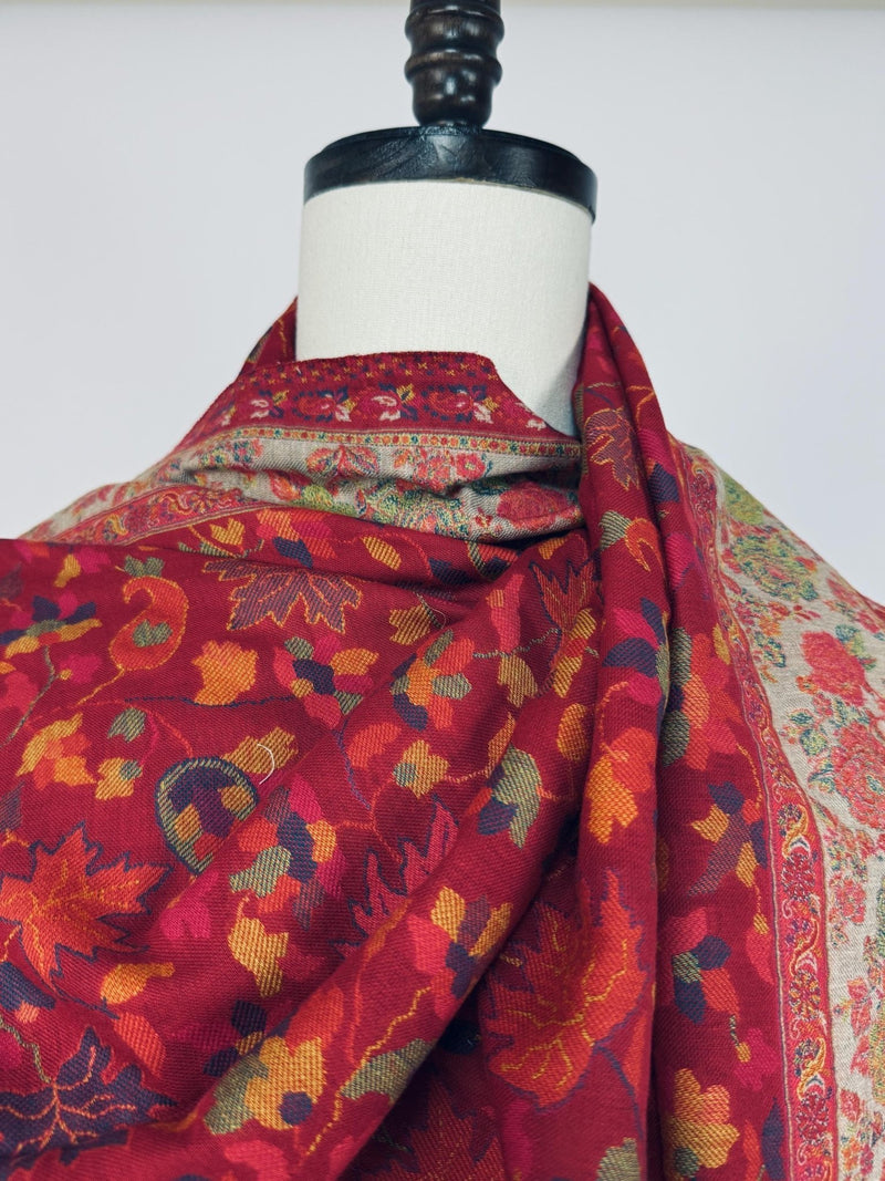 Maroon pure pashmina Kashmiri shawl with kani weave, floral motifs — Kaash Collection