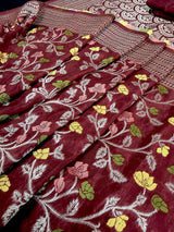 Maroon Red Color Banarasi Semi Georgette Dupion Soft Silk with Floral Meenakari Work - Kaash