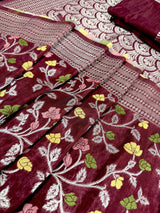 Maroon Red Color Banarasi Semi Georgette Dupion Soft Silk with Floral Meenakari Work - Kaash