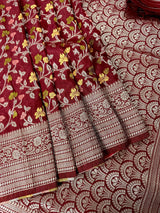 Maroon Red Color Banarasi Semi Georgette Dupion Soft Silk with Floral Meenakari Work - Kaash