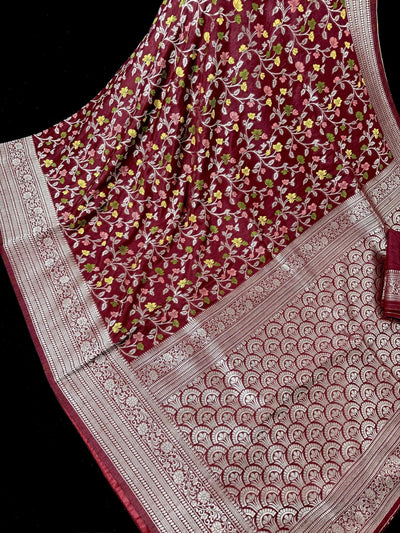 Maroon Red Color Banarasi Semi Georgette Dupion Soft Silk with Floral Meenakari Work - Kaash