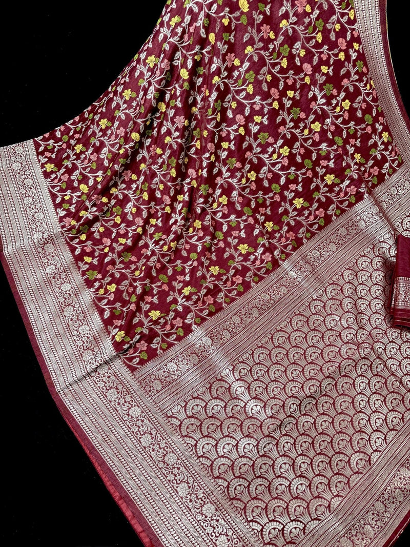 Maroon Red Color Banarasi Semi Georgette Dupion Soft Silk with Floral Meenakari Work - Kaash