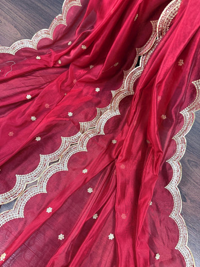 Maroon Red soft organza dupatta with zari, embroidery & sequins — Kaash Collection