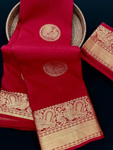 Silk Mark Certified Maroon Red Pure Kanjivaram Peacock saree in pure kanjivaram silk with peacock motifs with gold zari — Kaash Collection