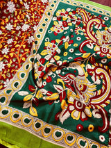 Maroon with Bottle Green and Multi - color Printed design Soft Silk Kalamkari Saree - Kaash