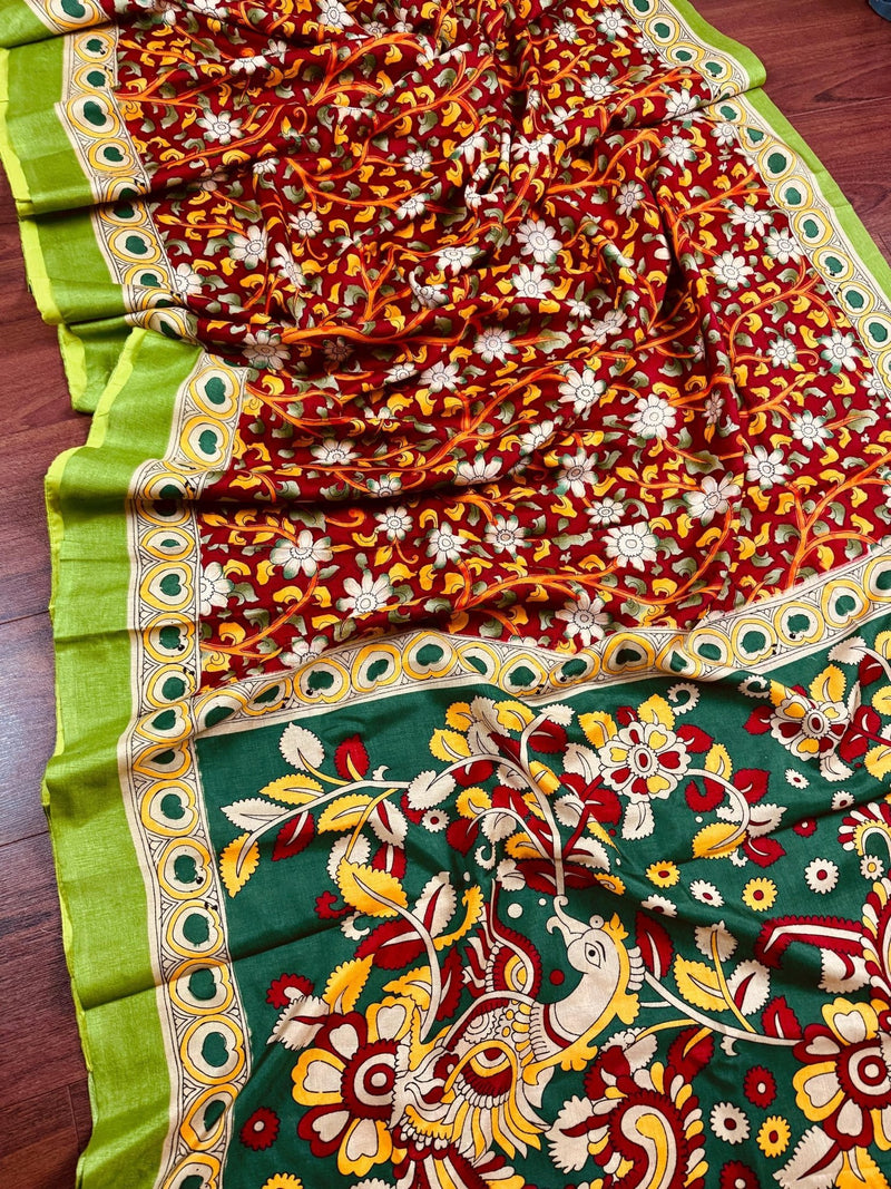 Maroon with Bottle Green and Multi - color Printed design Soft Silk Kalamkari Saree - Kaash