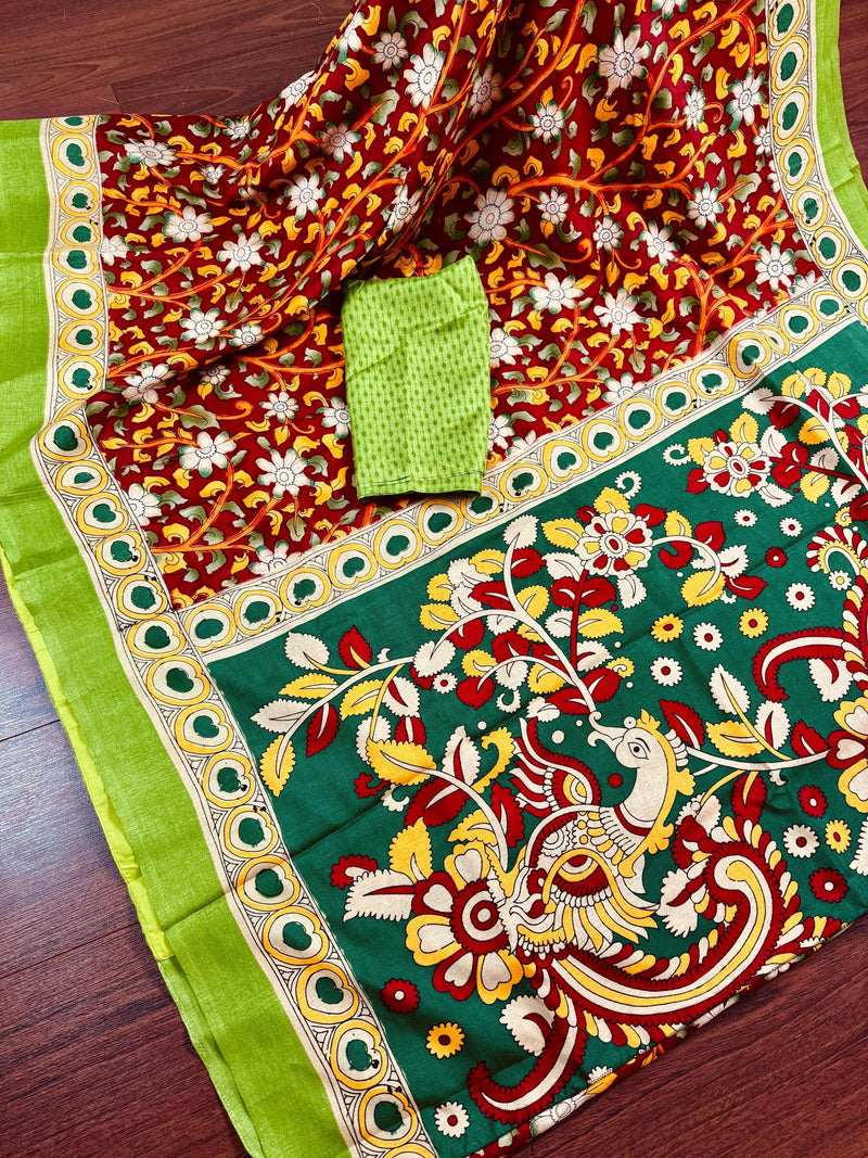 Maroon with Bottle Green and Multi-color Printed design Soft Silk Kalamkari Saree | Kalamkari Prints | Gift for Her | Kaash Collection - Kaash