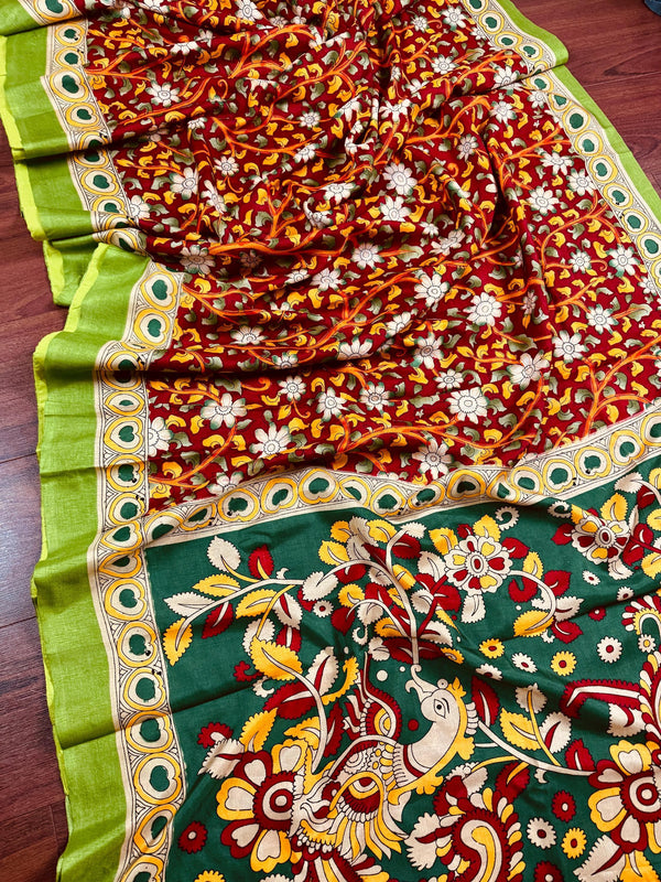 Maroon with Bottle Green and Multi-color Printed design Soft Silk Kalamkari Saree | Kalamkari Prints | Gift for Her | Kaash Collection - Kaash
