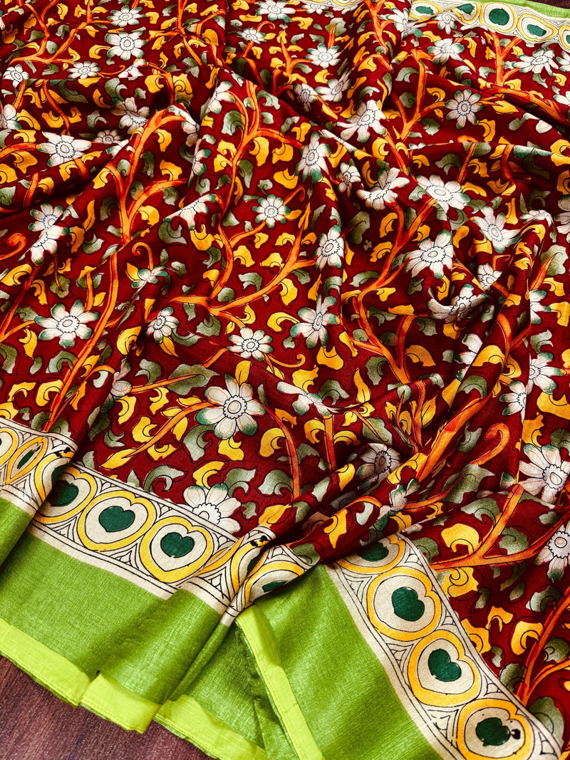 Maroon with Bottle Green and Multi-color Printed design Soft Silk Kalamkari Saree | Kalamkari Prints | Gift for Her | Kaash Collection - Kaash