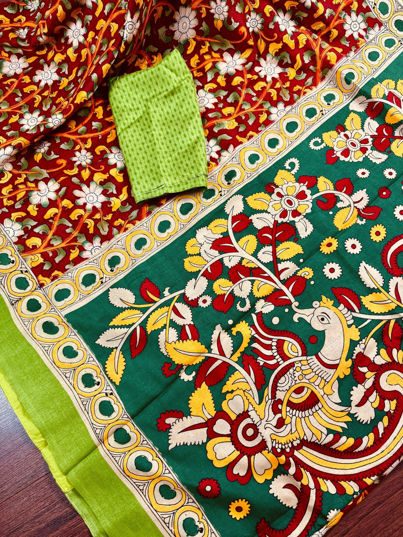 Maroon with Bottle Green and Multi-color Printed design Soft Silk Kalamkari Saree | Kalamkari Prints | Gift for Her | Kaash Collection - Kaash