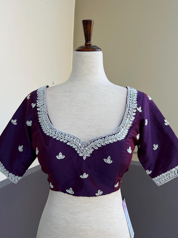 Masterpiece Handmade Dual Tone Silk Ready to Wear Blouse in Eggplant Purple Color with White Pearls, Beads and Stone | Handwork Blouses - Kaash