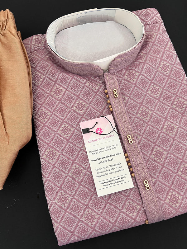 Mauve Pink Men Kurta Pajama with embossed Design | Silk Men Kurta Pajama | Indian Party Wear for Men | Indian Wedding Wear for Men - Kaash