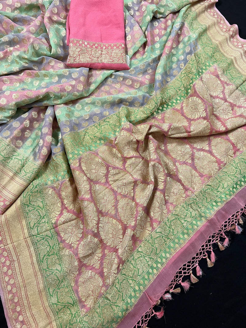 Mauve Pink Pure Khaddi Georgette Banarasi Saree in Multi Color with Muted Gold Zari and Digital Floral Prints | SILK MARK CERTIFIED - Kaash