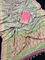 Mauve Pink Pure Khaddi Georgette Banarasi Saree in Multi Color with Muted Gold Zari and Digital Floral Prints | SILK MARK CERTIFIED - Kaash