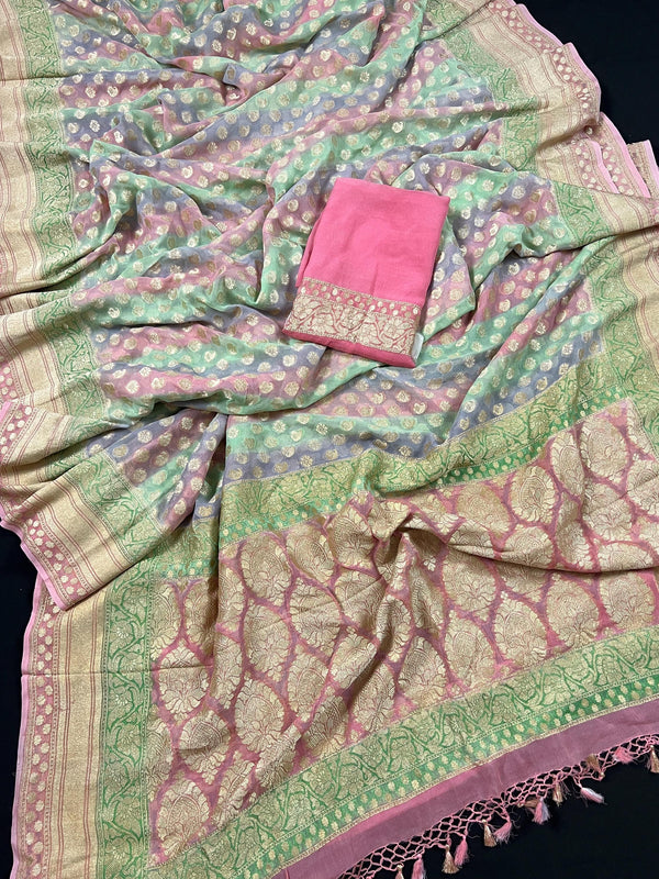 Mauve Pink Pure Khaddi Georgette Banarasi Saree in Multi Color with Muted Gold Zari and Digital Floral Prints | SILK MARK CERTIFIED - Kaash