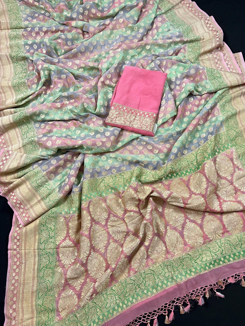 Mauve Pink Pure Khaddi Georgette Banarasi Saree in Multi Color with Muted Gold Zari and Digital Floral Prints | SILK MARK CERTIFIED - Kaash