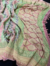 Mauve Pink Pure Khaddi Georgette Banarasi Saree in Multi Color with Muted Gold Zari and Digital Floral Prints | SILK MARK CERTIFIED - Kaash