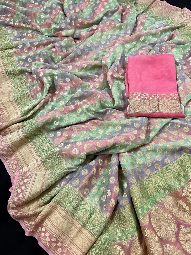Mauve Pink Pure Khaddi Georgette Banarasi Saree in Multi Color with Muted Gold Zari and Digital Floral Prints | SILK MARK CERTIFIED - Kaash