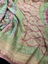 Mauve Pink Pure Khaddi Georgette Banarasi Saree in Multi Color with Muted Gold Zari and Digital Floral Prints | SILK MARK CERTIFIED - Kaash