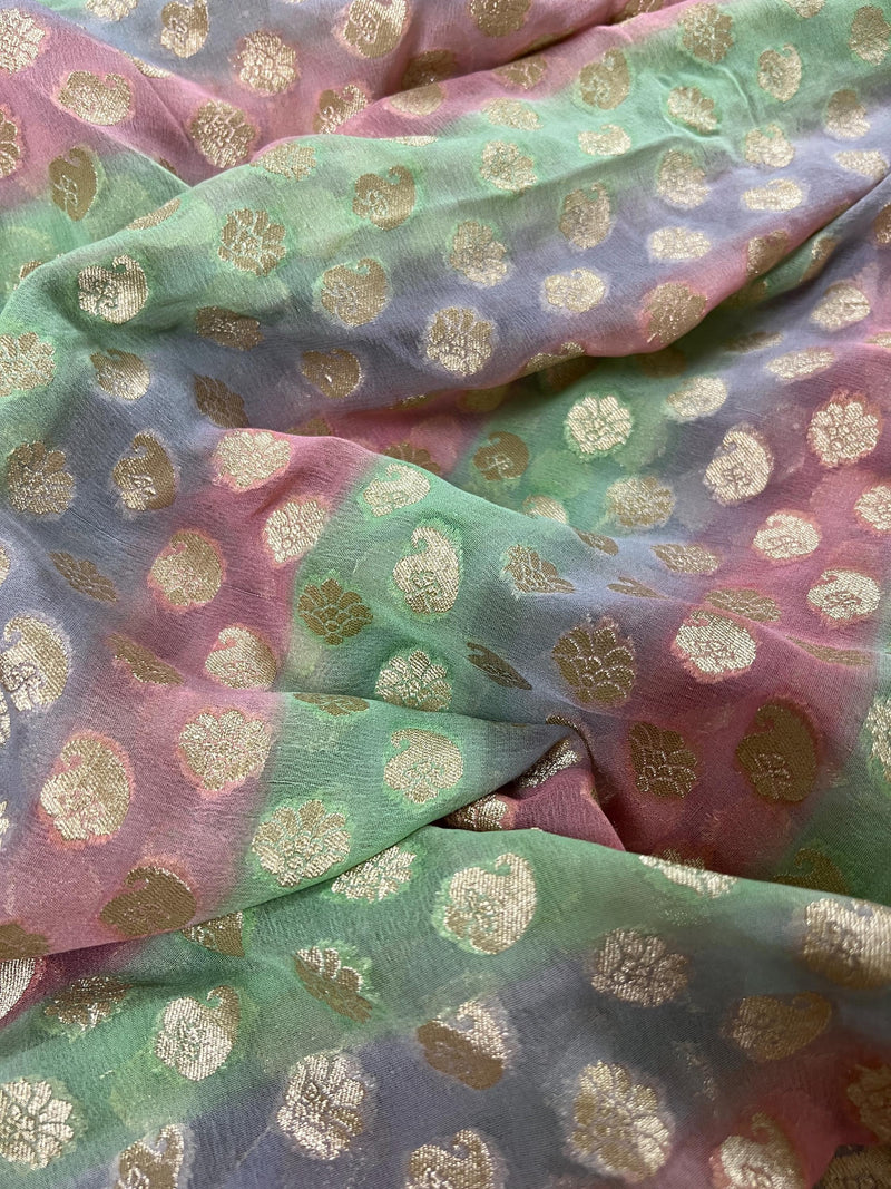 Mauve Pink Pure Khaddi Georgette Banarasi Saree in Multi Color with Muted Gold Zari and Digital Floral Prints | SILK MARK CERTIFIED - Kaash