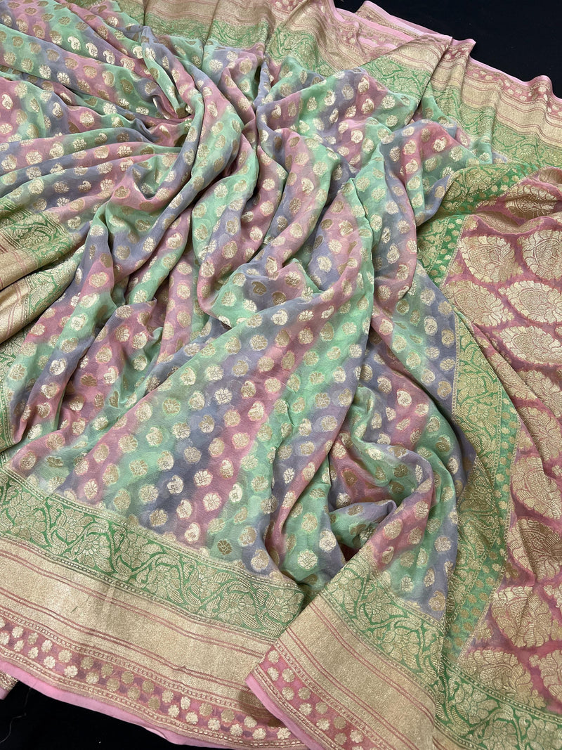 Mauve Pink Pure Khaddi Georgette Banarasi Saree in Multi Color with Muted Gold Zari and Digital Floral Prints | SILK MARK CERTIFIED - Kaash